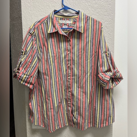 Tommy Hilfiger Tops - Vintage Tommy Hilfiger Women's Striped Boxy Button Down Shirt, Y2K, Size XL